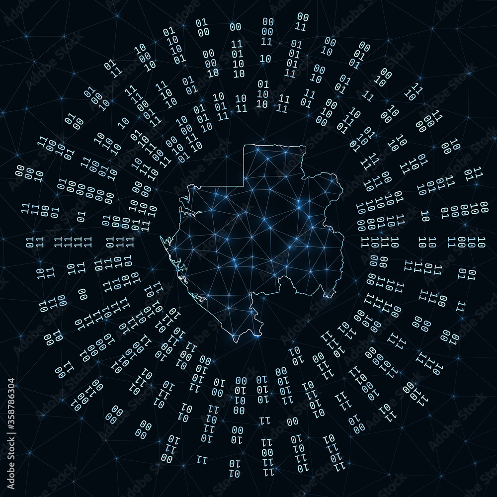 Wall mural Gabon digital map. Binary rays radiating around glowing country. Internet connections and data exchange design. Vector illustration.