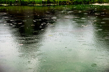 Naklejka premium Pond on a rainy day with buildings reflected. 建物が映る雨の日の池