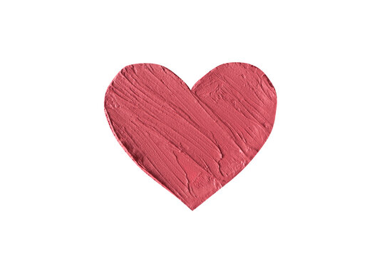 Heart From Pink Nude Lipstick Smear Smudge Texture Isolated On White Background. Beauty Makeup Product Swatch