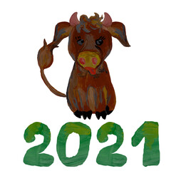 Cute illustration bull,  symbol of the year and green hand draw numbers 2021