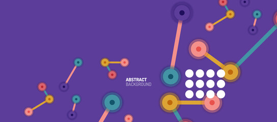 Flat style geometric abstract background, round dots or circle connections on color background. Technology network concept.