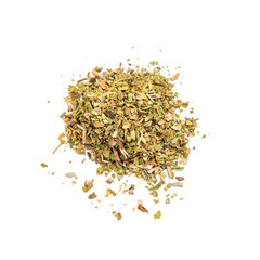 Dried oregano spice herb isolated on white background, top view