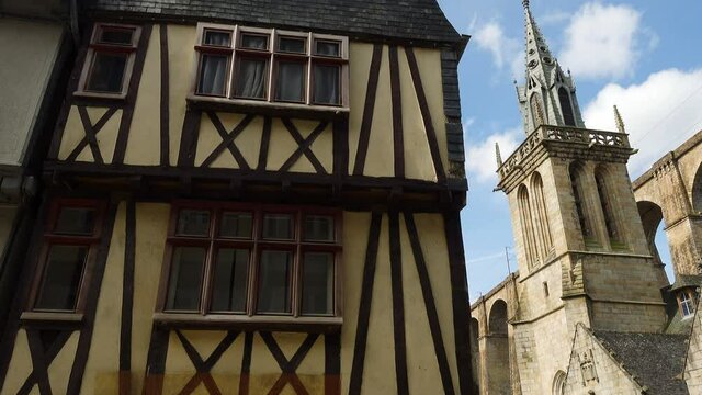 MORLAIX, FRANCE - APRIL 05, 2018: streets and beautiful colombage houses of famous city Morlaix, Brittany, France

