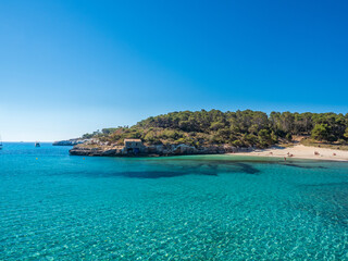 Naklejka premium Mondragó Natural Park Mallorca Spain in the bay with the sandy beach and the headland into the mediterranean