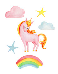 Cute unicorn clipart. Stars, rainbow, couds. Watercolor illustration isolated on white.
