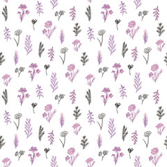 Fototapeta premium Seamless pattern with tiny flowers and leaves on a white background. Watercolor and pen drawing, contemporary vintage style. Detailed and cute background. 