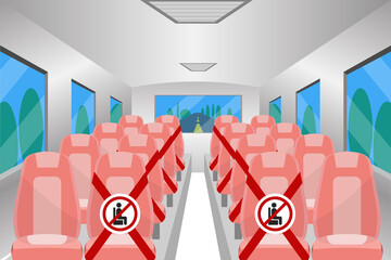Social distancing chair space inside bus,  for protect pandemic of virus Covid-19, COVID-19 Quarantine. Pandemic Coronavirus Reducing risk of infection, New normal concept.