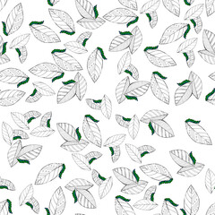 Green catterpillar and outline leaves seamless pattern, nature illustration