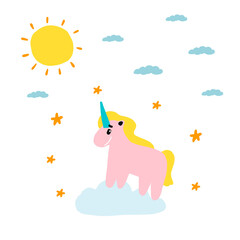 Cute magical unicorn in the clouds with the stars and the sun. Children s character. Vector illustration in a cartoon style. For postcards, children s posters, fabric and Wallpaper design.