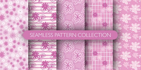 Set of doodle pink outline flower patterns. Daisy floral background. Cute floral endless wallpaper.