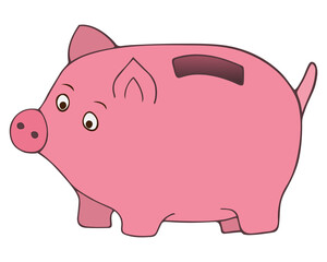 Piggy bank for storage of finance. Color vector illustration. Piglet Coin hole. Isolated white background. Cartoon style. Accumulation of cash. Toy safe for folding metal money. 