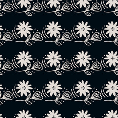 Geometric flower seamless pattern in line art style on black background. Doodle floral wallpaper.
