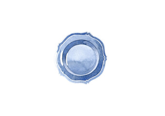 Hand drawn watercolor illustration of ceramic blue plate. Top view. Dishes and serving. Isolated object on white background