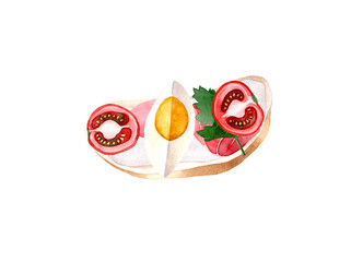 Watercolor hand drawn illustration of open sandwich with soft cheese, prosciutto, egg, tomato and parsley. Top view. Dishes and serving. Isolated on white background.