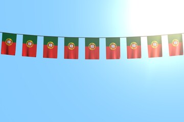 wonderful labor day flag 3d illustration. - many Portugal flags or banners hangs on rope on blue sky background