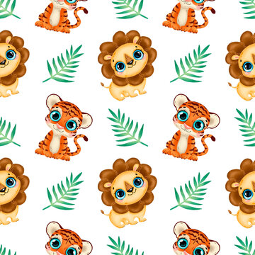 Cute cartoon tropical animals seamless pattern. Baby lion and tiger seamless pattern.