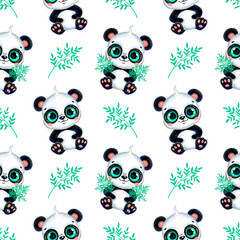 Panda and bamboo leaves seamless pattern. Cute cartoon tropical animals seamless pattern.