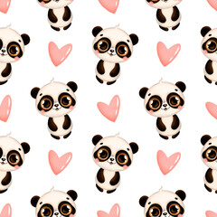 Cute cartoon tropical animals seamless pattern. Panda and pink hearts seamless pattern.