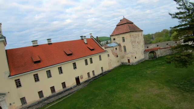 Aerial view of the historical center of Zhovkva, Lviv region, Ukraine. Shooting with FPV drone