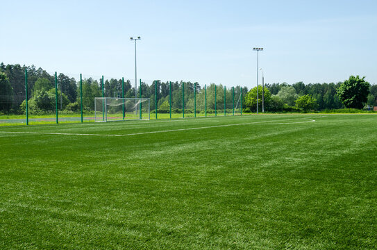 Soccer field with green artificial lawn and football goal on the background.