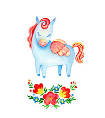 Cute pegasus with flowers. Watercolor illustration isolated on white.