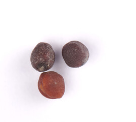 Upper view of shooting three rapeseed grains lying on a white background. Crafted with saved path. Raw materials for fuel