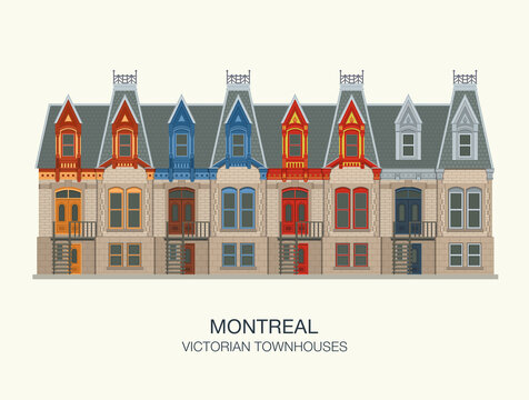 Montreal victorian townhouse design. Quebec, Canada. Flat vector illustration template for web, graphic, game and motion design. 