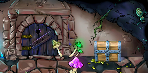 misty cave door and treasure chest cartoon horizontal color art