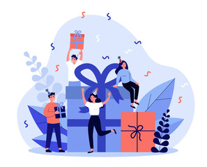 Happy friends celebrating birthday with present boxes. People giving gifts in party surprise. illustration for Christmas, festive event, holiday concept