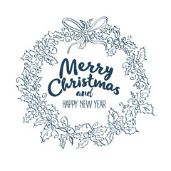 merry christmas greeting card with wreath and lettering. vintage illustration isolated on white