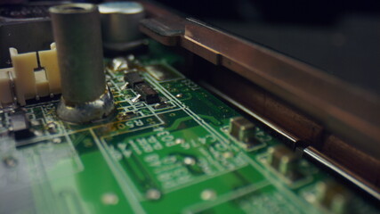 Dolly shot of circuit board. Integrated communication processor of computer