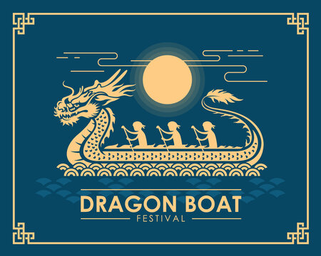 Dragon boat festival banner - yellow gold dragon boat with waterman sign and sun on blue background vector design