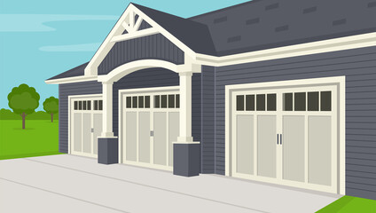 American styled wooden garage at ranch. Perspective view. Flat vector illustration.