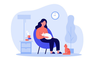 Woman with cats in cozy apartment. Happy girl relaxing in evening at home, drinking hot tea. Vector illustration for hygge, comfort, pets, house concept