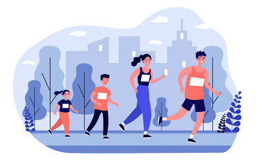 Naklejka premium Rodzinny jogging w parku miejskim. Rodzice i dzieci biegające w maratonie. ilustracja do stylu życia, aktywności na świeżym powietrzu, sportu, wypoczynku, koncepcji fitness