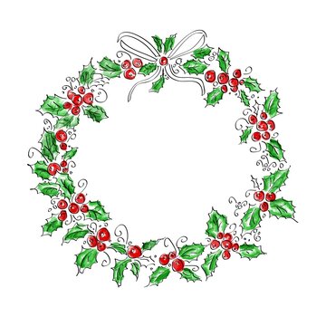 christmas greeting wreath isolated on white. vintage watercolor  illustration