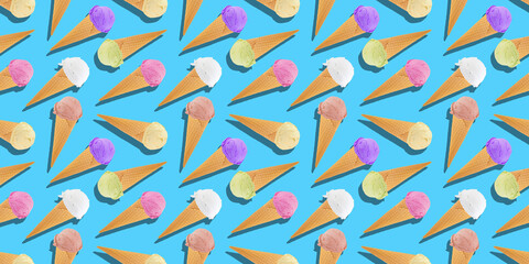 Obraz premium ice cream pattern on pastel blue background. Top view, flat lay. Seamless