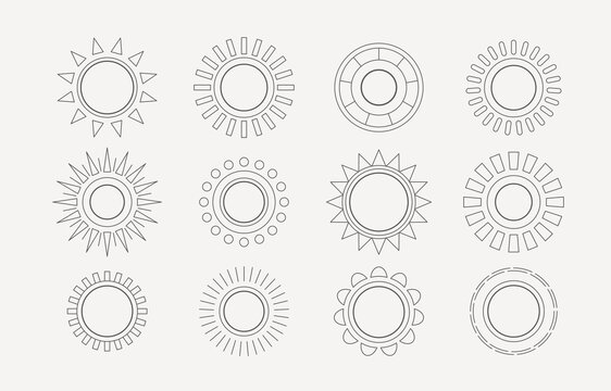 Various Abstract Outline Suns. Different interpretation of Sun rays. Vector set. Elegant thin line style. Astrology esoteric concept. Tattoo or print idea. All elements are isolated.