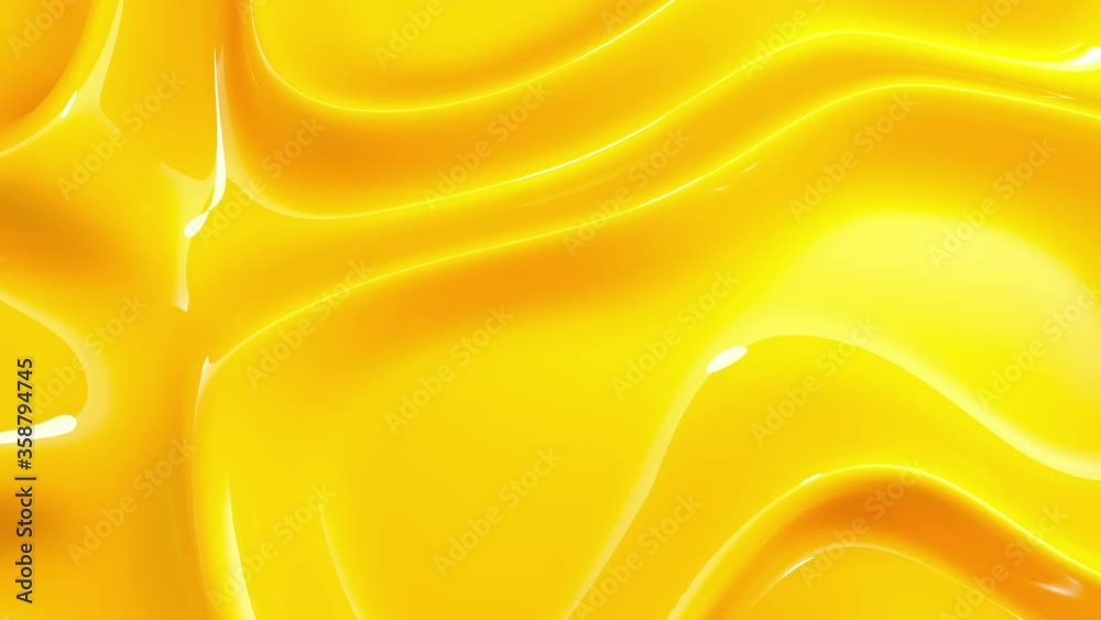 Aufkleber Yellow abstract liquid dynamic surface background. Wavy glossy shape with ripples. Trendy liquid fluid flow pattern. 4k seamless loop 3D animation.