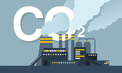 CO2 emissions illustration - harmful air carbon contamination emblem with industrial smoking pipes of factory  - isolated vector sign