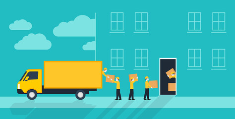 Door-to-door delivery service conceptual illustration - cargo truck shipment with loaders and living building fassade - vector illustration