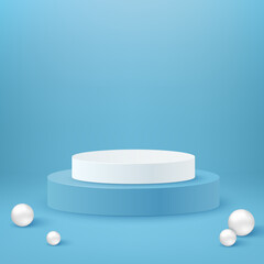 Realistic cylinder podium. White and blue round podium stage and 3d exhibit displays. 3d geometric shapes vector set. Spheres and pedestal circle