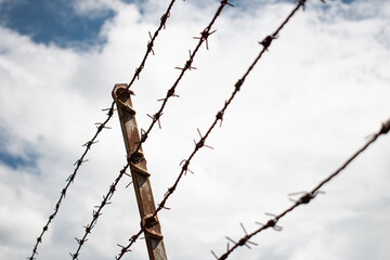 barbed wire against blue sky with white fluffy cloud