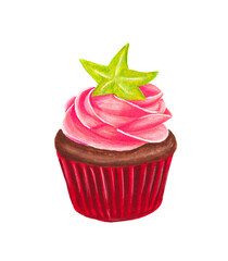 A Chocolate Cupcake with pink cream. Cupcake cake. Bright cake, delicacy, pastries isolated on a white background. Design for menus, invitation cards. Hand drawing