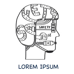 black line doodle drawing safety motorcycle helmet with word safety inside for safety ride promote