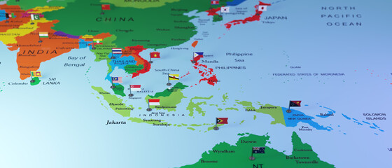 3d render realistic aia pacific map with flangs. Abstract theme for trendy designs.