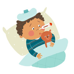 Little African American boy ill in bed with thermometer and hugging teddy bear. Cartoon hand drawn10 illustration isolated on white background in a flat style.