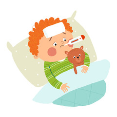 Illustration of a Sick Boy Wrapped in a Blanket and with a Compress on His Head. Cartoon hand drawn10 illustration isolated on white background in a flat style.