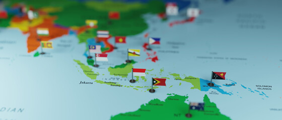 3d render realistic asia map with flangs. Abstract theme for trendy designs.