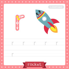 Letter R lowercase tracing practice worksheet of Rocket